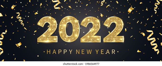2022 Happy New Year greeting card with golden confetti. Gold and black celebration design. Luxury party template. Merry Christmas poster with text and light number decor. Vector illustration.