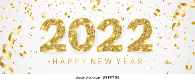 2022 Happy New Year greeting card with gold confetti. Luxury party template. Golden and white celebration design. Merry Christmas poster with text and light number decor. Vector illustration.