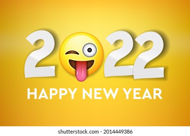 2022 Happy new year greeting horizontal banner with smile face Emoji sticker with and 2022 numbers, vector illustration
