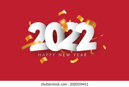 2022 Happy New Year Greeting with Scattered Gold Confetti on Red Background. Vector Illustration. Design element for flyers, leaflets, postcards and posters.