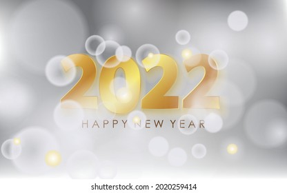 2022 Happy New Year Greeting with Bokeh Effect on Silver Background. Vector Illustration. Design element for flyers, leaflets, postcards and posters.