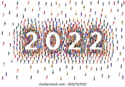 2022 happy new year greeting card design. A large group of people form to create the year number 2022 or twenty twenty two