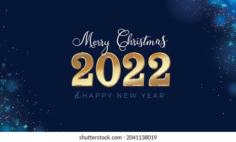 2022 Happy New year greeting card with golden text, abstract magical dust, confetti and blue background. Vector illustration. Xmas modern design for background, wallpaper, banner, poster, card, flyer