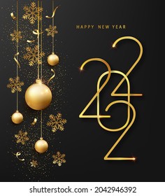  2022 Happy New Year greeting card or banner template. Golden metallic numbers 2022 with shining snowflake and confetti on black background