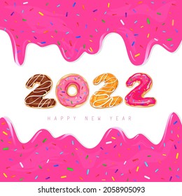 2022 Happy New Year. 2022 Greeting card with donuts and dripped liquid pink caramel, paint. Sweet vector illustration with colorful holiday label and confetti isolated on white background
