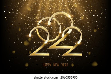 2022 Happy New Year greeting card vector illustration. 2022 number with gold falling confetti decoration and glow light effect, festive sparkle of shiny tinsel texture in holiday design background