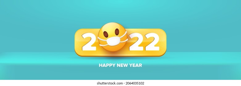 2022 Happy new year greeting horizontal banner with smile face Emoji sticker with mouth medical protection mask and 2022 numbers isolated on soft pastel turquoise background.