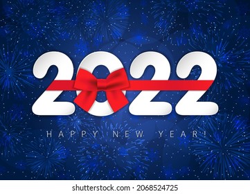 2022 Happy New Year greeting card with red bow. Logotype in 3D style. Beautiful snow backdrop. New Year 2022 lettering with paper digits and fireworks. Creative Christmas decoration