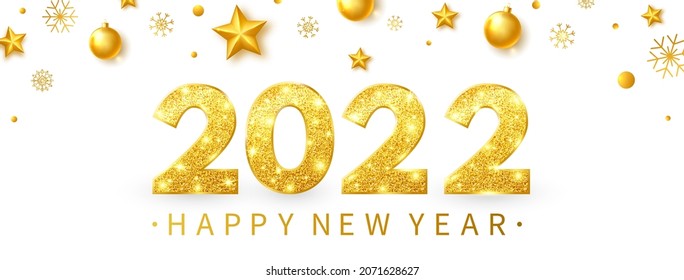 2022 Happy New Year greeting card with golden stars, balls, confetti. Gold celebration design. Luxury party template. Merry Christmas poster with text and light number decor. Vector illustration.