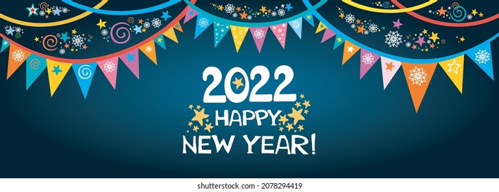 2022 Happy New Year! Greeting card. Celebration background with  garland, star and place for your text. Art design celebrate party invitation template. Winter holidays. Vector Illustration