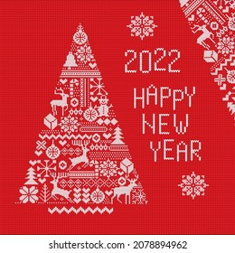 2022 Happy New Year greeting cards, holiday covers. Knitted elements and borders for Christmas, New Year or winter design. Ugly sweater style. Sweater ornaments for scandinavian pattern.