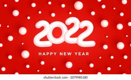 2022 Happy New Year Greeting Card. Snowy White 3D numbers 2022 surrounded by Fabulous White Balls on a Red Background. Holiday Design Template. Postcard, Banner, Cover, Congratulation. 3d Vector