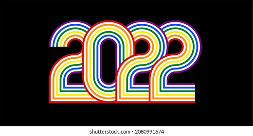 2022 Happy new year greeting card. Rainbow colored lines numbers on a black background. LGBT greetings.