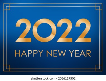 2022 Happy New Year greeting card on blue background. Vector illustration.