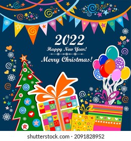 2022 Happy New Year! Greeting card. Celebration blue background with gift box, garland, Christmas tree, star and place for your text. Art design celebrate party invitation template. Winter holidays.