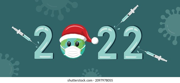2022 happy New Year greeting card or banner design. Medical concept design of Earth planet wearing Santa Claus hat. Vaccine syringes injecting new year numbers. Corona virus Silhouette Icons.