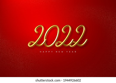 2022 Happy New Year. Hand writing golden metallic numbers 2021. 3d sign on red glitter spotted background. Vector illustration.