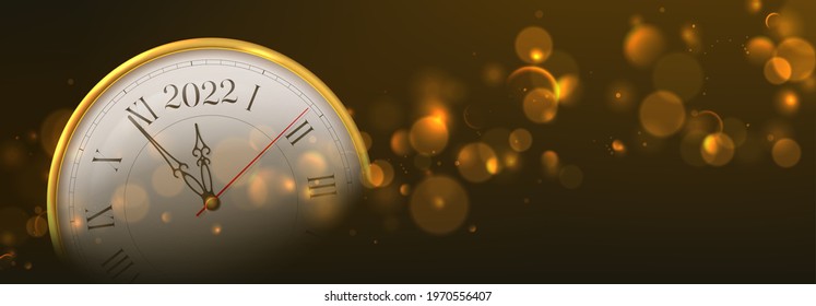 2022 Happy New Year holiday banner. Vector illustration with realistic wall clock and effect bokeh on dark background. Holiday greeting card.