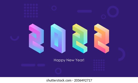 2022 Happy New Year isometric text design with trendy bright neon gradients for holiday greetings and invitations. Vector illustration.