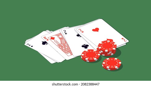 2022 Happy New Year isometry casino style greeting card with playing cards different suits, tokens chips bet on green casino table. Merry Christmas 2K22 Xmas banner poker and blackjak isometric design