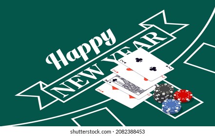 2022 Happy New Year isometry casino style greeting card with playing cards different suits, tokens chips bet on green casino table. Merry Christmas 2K22 Xmas banner poker and blackjak isometric design