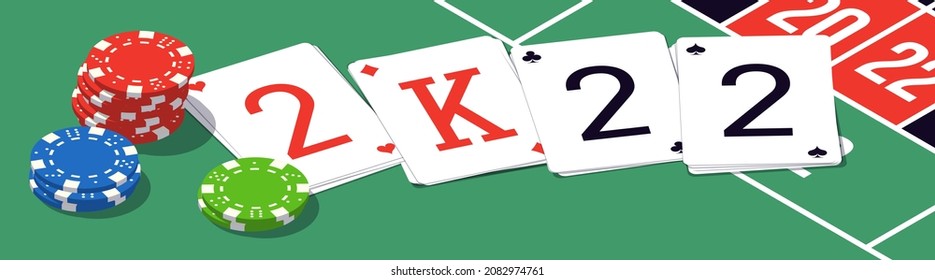 2022 Happy New Year isometry casino style greeting card with playing cards different suits, tokens chips bet on green casino table. Merry Christmas 2K22 Xmas banner poker and blackjak isometric design