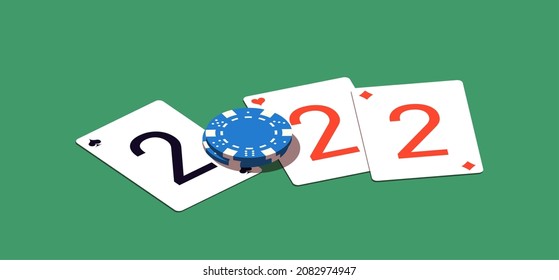 2022 Happy New Year isometry casino style greeting card with playing cards different suits, tokens chips bet on green casino table. Merry Christmas 2K22 Xmas banner poker and blackjak isometric design