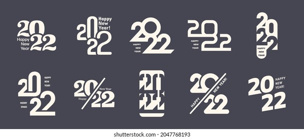 2022 Happy New Year Logo Vector Different Text Design Banner Templates Collection In Retro Colors Isolated On Background. Various Variations Of Happy New Years Typographic Design Elements Set