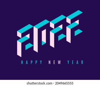 2022 Happy new year logo. Isometric numbers 2022 isolated on blue background. Holiday  illustration for postcard, invitations, flyer, sticker, poster, cover, calendar. Elegant Christmas design.