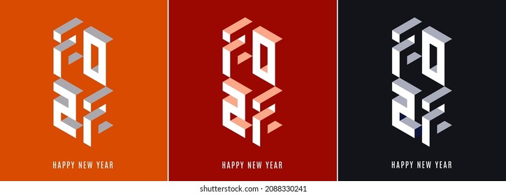 2022 Happy New Year logo set. Minimalist Holiday decoration design with isometric numbers for calendar, poster, banner, postcard, greeting cards, invitations, sticker, stripe. Vector illustration.