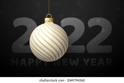 2022 Happy New Year. Luxury greeting card with a white and gold christmas tree ball on the royal black background. Vector illustration