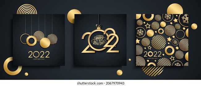 2022 Happy New Year luxury greeting cards set. New Year holiday invitations templates collection with hand drawn lettering and gold christmas balls. Vector illustration.