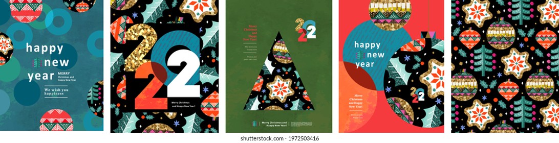 2022. Happy New Year and Merry Christmas! Vector abstract illustrations of Christmas tree, pattern, Christmas ball toy, number 2022 for poster, postcard or card