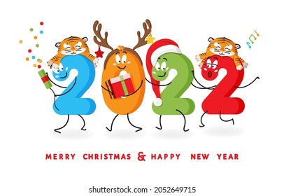 2022 Happy New Year, Merry Christmas greeting vector banner.  Cheerful smiling cartoon numbers in Santa and tiger hats, deer horns celebrate holiday, singing,  use flapper, dancing, bring gift box 