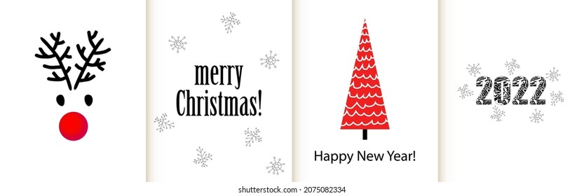 2022 Happy New Year and Merry Christmas greeting cards. Collection of minimalist festive elements isolated on white backgrounds. Vector illustration.