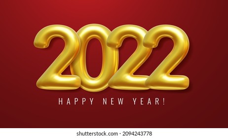 2022 Happy New Year. Merry Christmas 2022 Design Card. Glossy Golden Realistic 3D. Vector Illustration