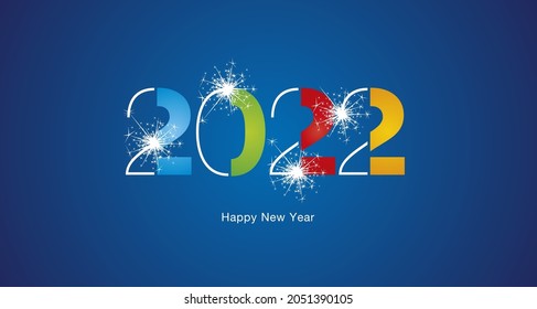 2022 Happy New Year modern cut of black light typography sparkle firework colorful white blue vector greeting card