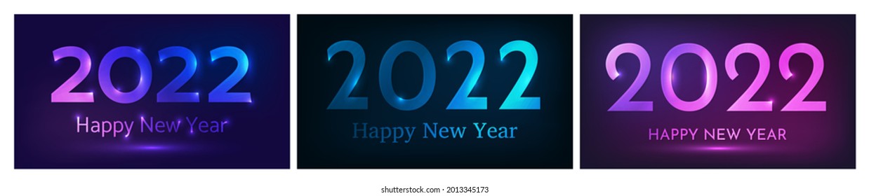 2022 Happy New Year neon background. Set of three abstract neon backdrops with lights for Christmas holiday greeting card, flyers or posters. Vector illustration