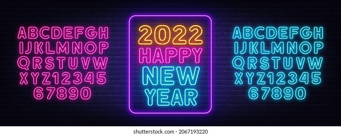 2022 Happy New Year neon lettering on brick wall background