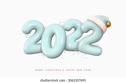 2022 Happy New Year. Number Made Of Plastic In Cartoon Style. Christmas Decoration. Realistic 3d Render Blue Sign. Celebrate Party 2022. Xmas Poster, Banner, Cover Card, Brochure, Flyer, Layout Design