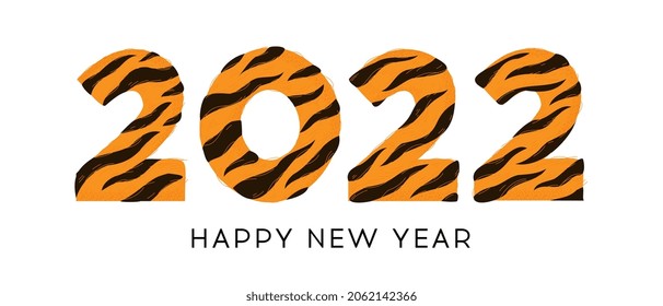 2022 Happy New Year number design with striped tiger fur texture pattern. Vector illustration of 2022 in cartoon tiger style isolated on white background. Date concept of Chinese New Year of tiger.