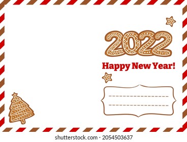 2022 Happy New Year postcard with gingerbreads. Greeting card template for sending. Hand drawn Christmas decor. Vector illustration on the theme of air mail and the new year.