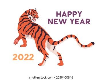 2022 Happy New Year postcard design with Chinese tiger from oriental zodiac. Eastern Asian graceful mascot animal and holiday text composition. Flat vector illustration isolated on white background