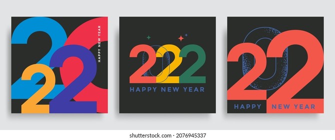 2022 Happy New Year posters set. Christmas card with colorful typography logo 2022. Vector composition of numbers.