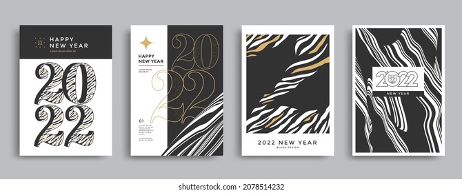 2022 Happy New Year posters set of posters with tiger stripes. Black and white card with typography 2022. Vector template