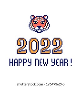 2022 Happy New Year print with tiger head isolated on white background. Holiday card.Chinese Zodiac symbol. Old school vintage retro 80s, 90s computer, video game graphics. Slot machine design element