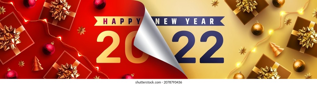 2022 Happy New Year Promotion Poster or banner with open gift wrap paper and gift box in red and gold colors.Change or open to new year 2022 concept.Promotion and shopping template for New Year 2022