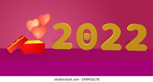 2022 Happy New Year. Realistic gift box Golden metal number. 3d vector gold metallic sign and text letter. Celebrate party 2022. Christmas Poster, banner, cover card, brochure, flyer, layout design