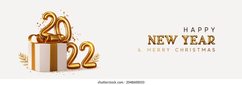 2022 Happy New Year. Realistic gift box Golden metal number. 3d render gold metallic sign and text letter. Celebrate party 2022. Christmas Poster, banner, cover card, brochure, flyer, layout design