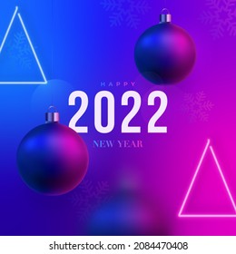 2022 Happy New Year. Realistic Xmas balls and glowing blue, pink neon christmas tree. Christmas balls motion blur effect. Hanging decorative elements on futuristic backdrop.